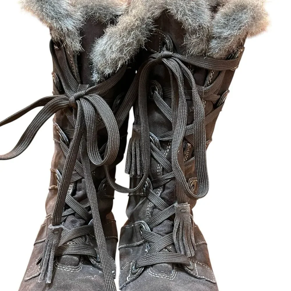 ZeroXposur Brown Suede Winter Boots Fur-Trimmed Tassel Tie Tall Warm